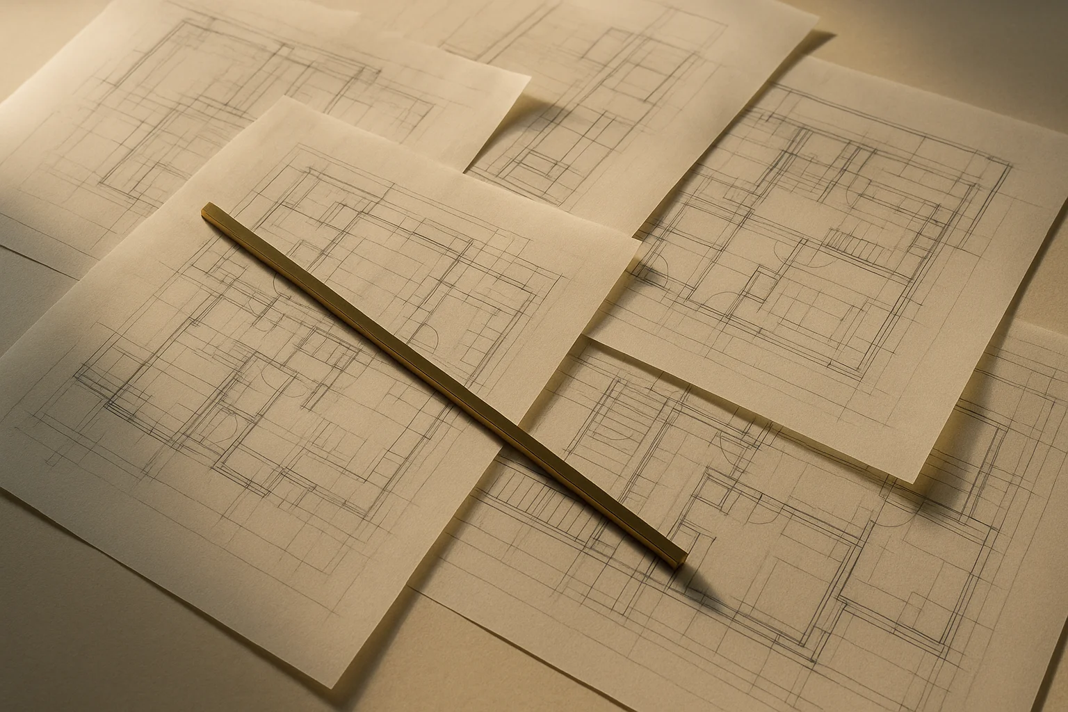 Fotografía editorial de planos arquitectónicos traslúcidos superpuestos con una regla de latón diagonal, en paleta crema y slate.