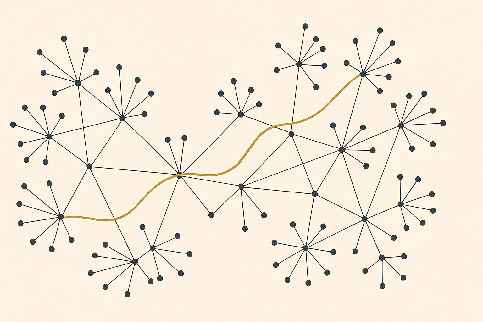 Ilustración editorial de una red de nodos conectados con un hilo dorado trazando rutas de distribución algorítmica sobre un fondo crema.