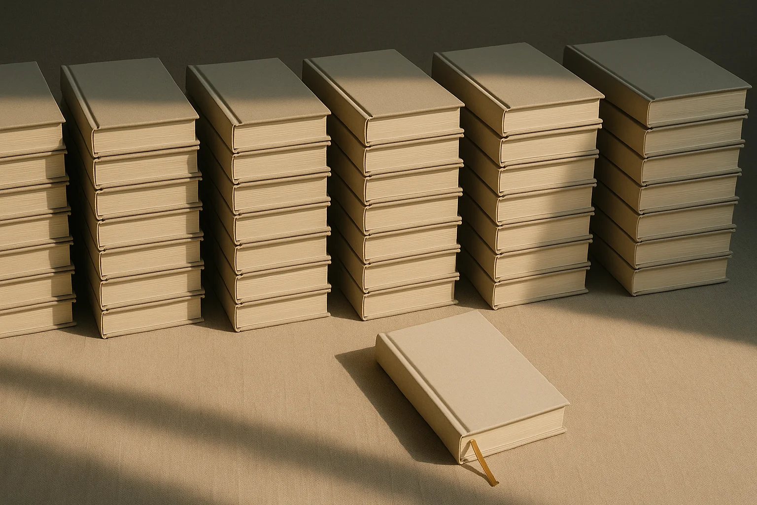 Fotografía editorial de libretas color crema apiladas en columnas precisas con luz lateral cálida y un marcador dorado.